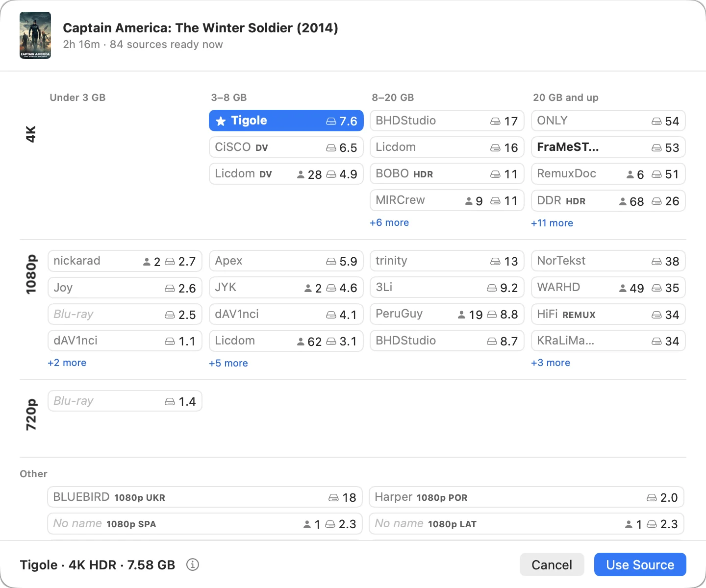 Choose Source: a film's sources in a grid by resolution and size