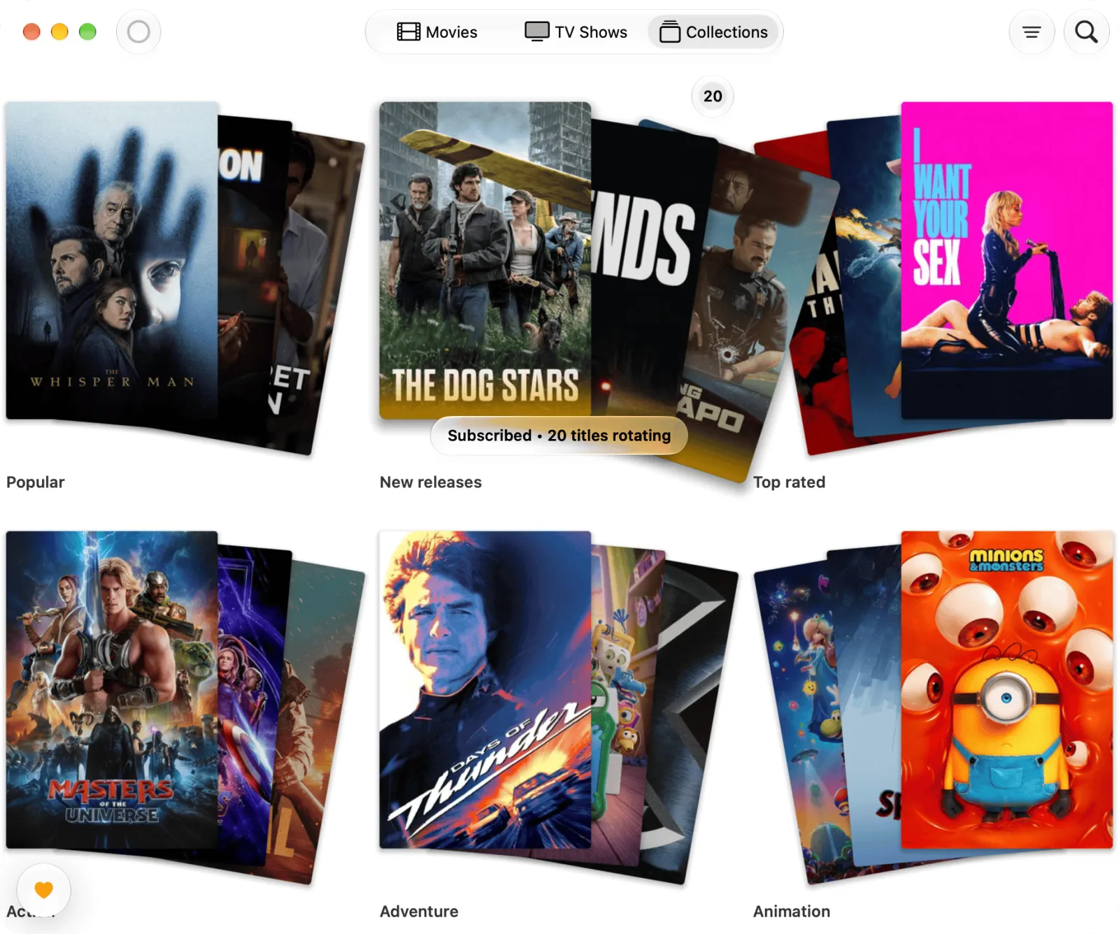 Subscribed Stremio catalogs in the StreamBridge Mac app