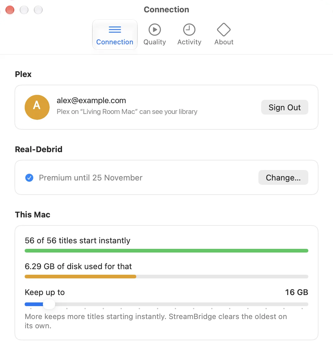Connection settings: the Plex account, Real-Debrid and the disk StreamBridge uses