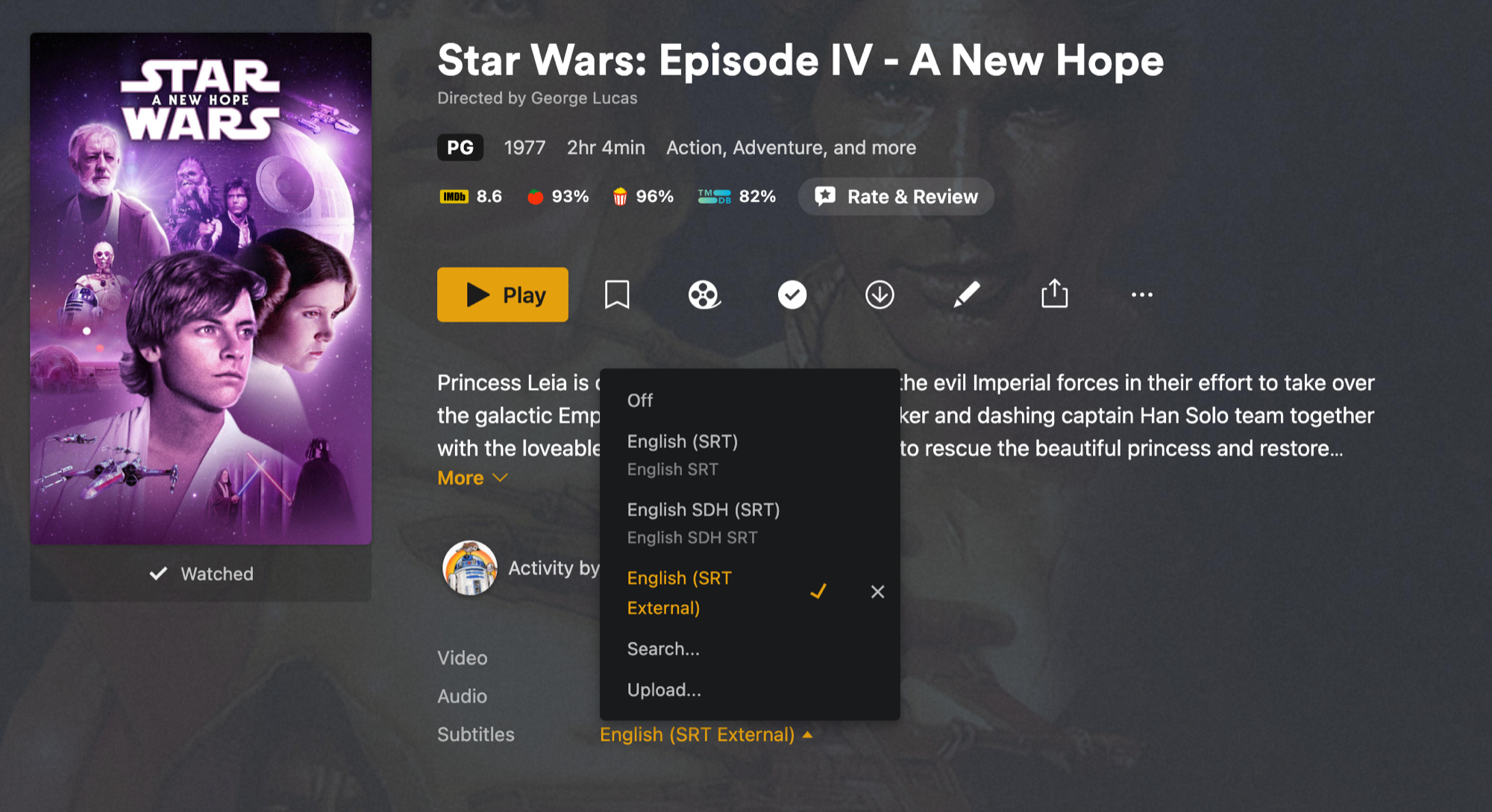 Plex's subtitle picker on Star Wars, with the StreamBridge track selected