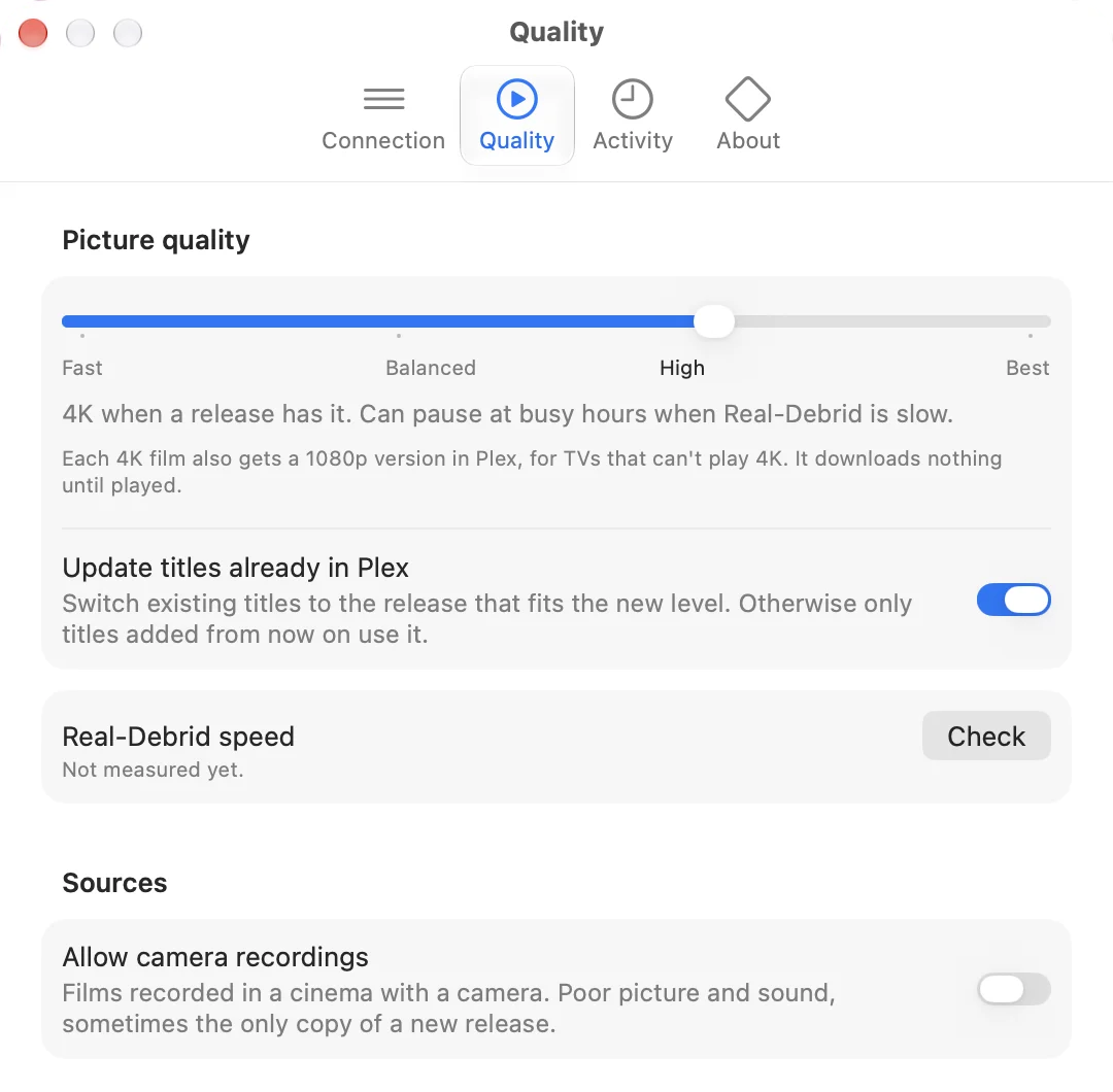 The Quality settings: one slider from Fast to Best