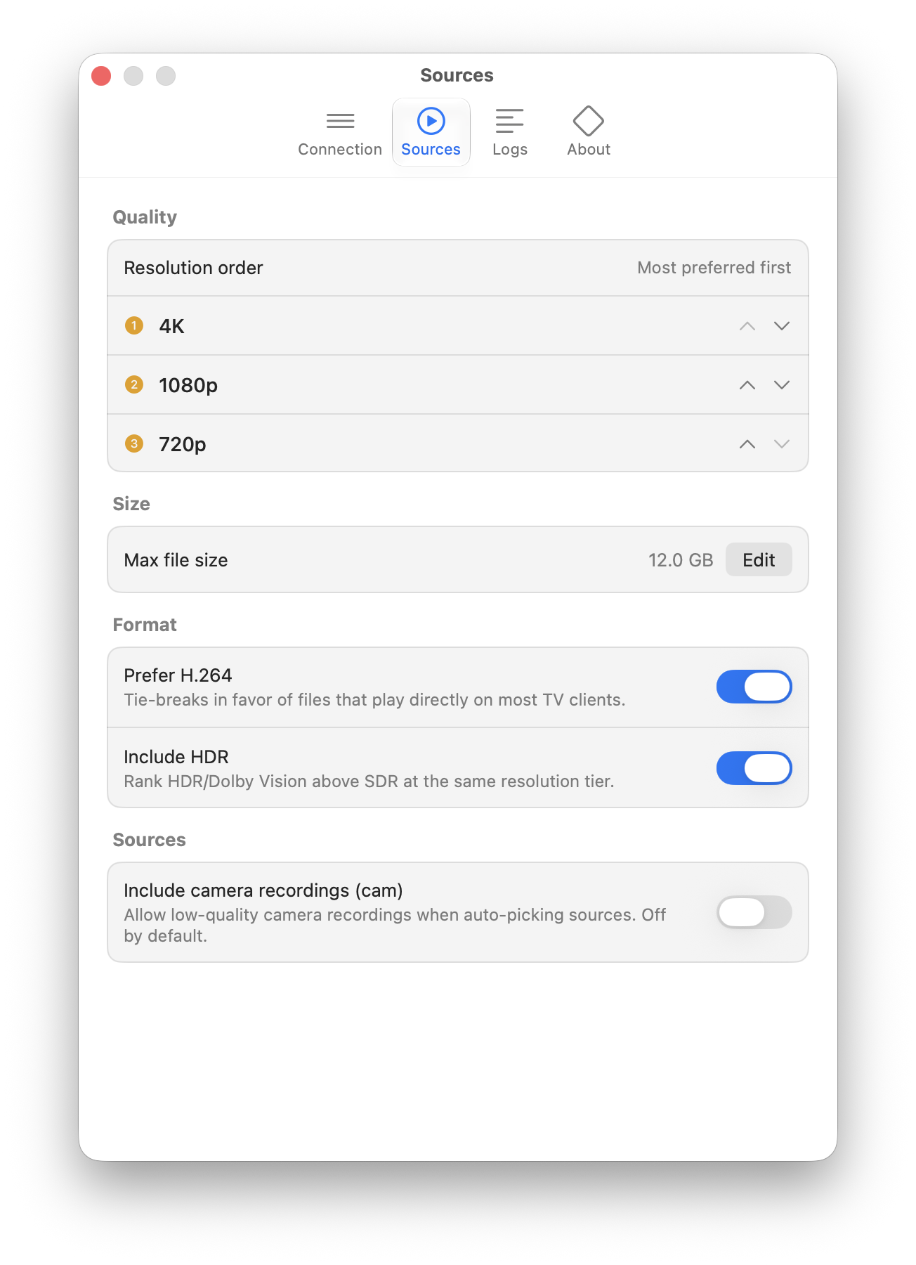 Stream preferences: resolution order, size, and format
