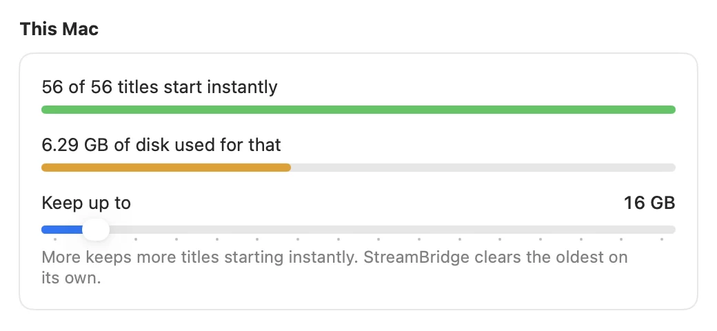 Settings: how many titles start instantly, the disk used and the limit